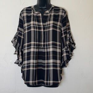 Vince Camuto Women's Plaid Pintuck Flutter 3/4-Sleeve Henley Blouse size M